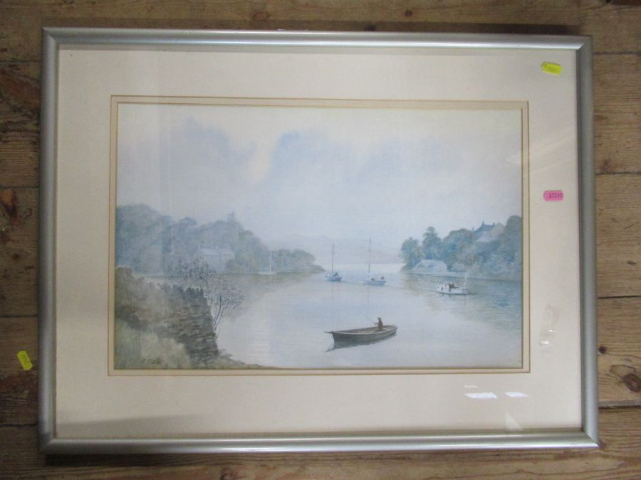 R Slater, watercolour, lake scene with boats and figures, 13ins x 19ins