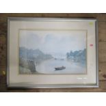 R Slater, watercolour, lake scene with boats and figures, 13ins x 19ins
