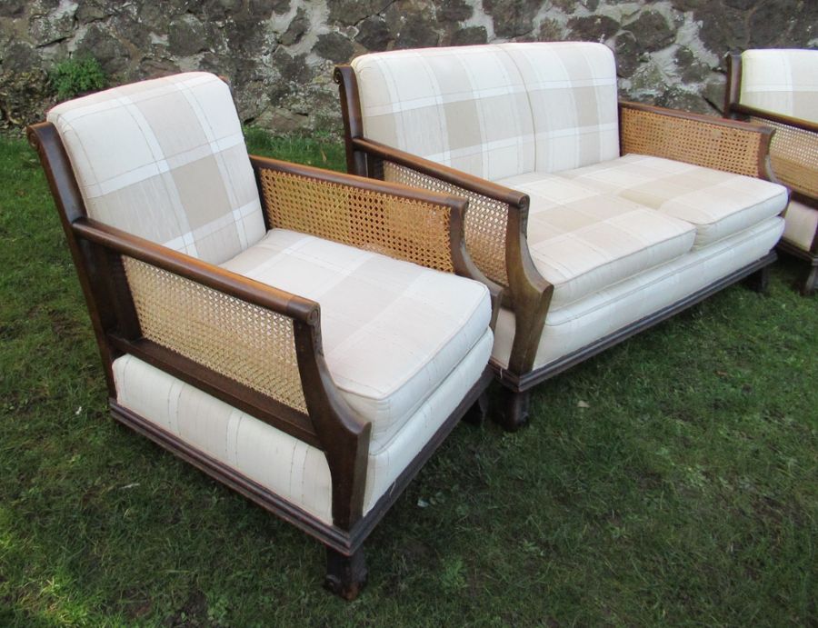 A three piece bergere suite, comprising a two seater settee and a pair of armchairs, with cane sides - Image 2 of 5