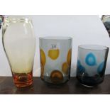 Two Whitefriars glass cylindrical vases, decorated with orange and blue spots, together with an