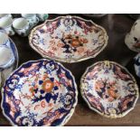 A collection of Bloor Derby Imari pattern, to include plates and a dish - oval dish very stained,