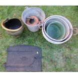 A collection of galvanised buckets, a brass coal scuttle and a cast iron door for a cooking range