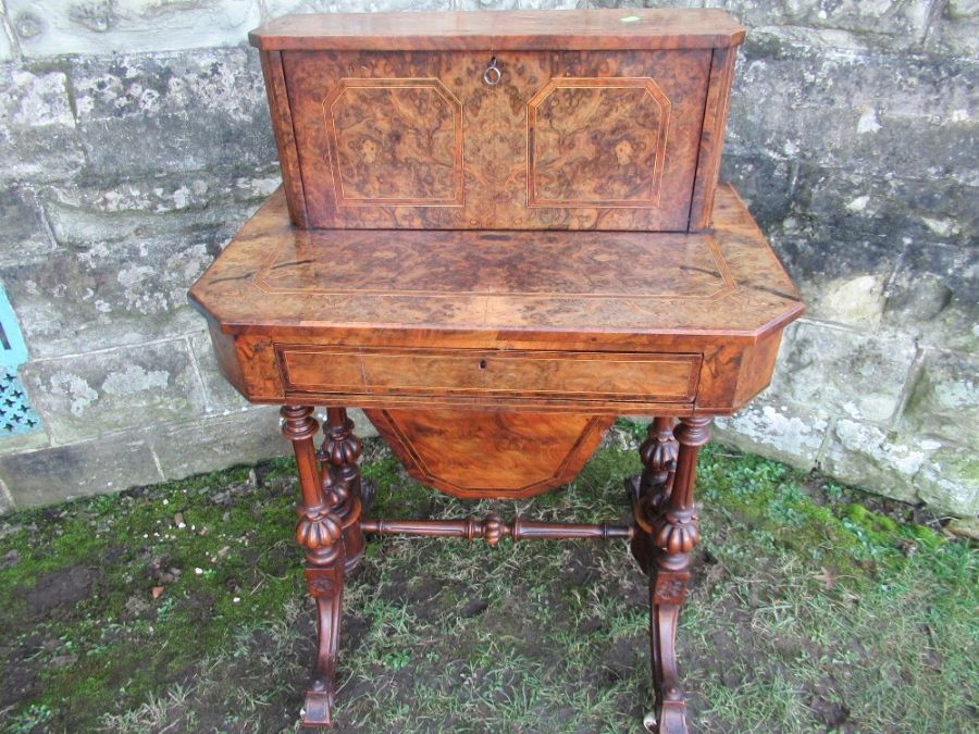 A 19th century burr walnut ladies writing/work table, height 39ins, width 28ins depth 39ins -