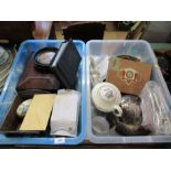 Two boxes of sundries to include stamps, prattware pot lid etc