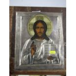 A religious icon, with white metal mount, 10.5ins x 8.5ins