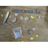 A collection of silver jewellery, together with a mother of pearl pocket knife, stamp holder etc