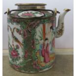A Cantonese tea pot, decorated with figures, birds and flowers