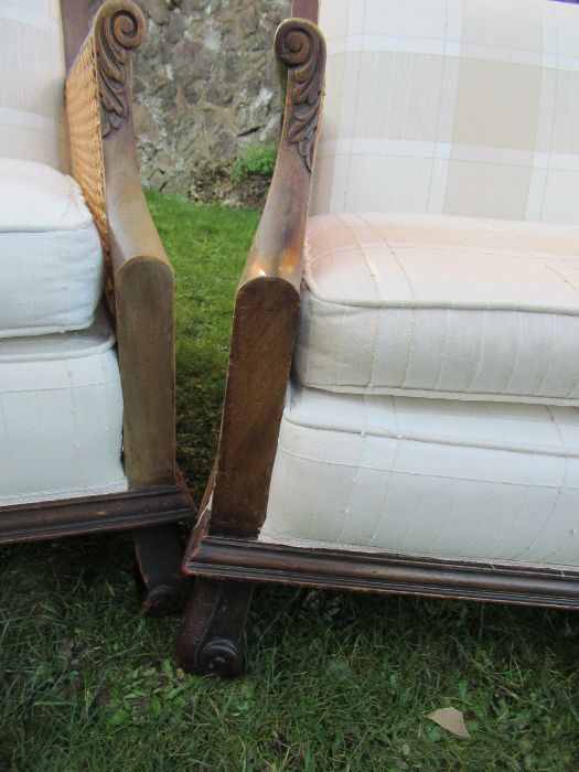 A three piece bergere suite, comprising a two seater settee and a pair of armchairs, with cane sides - Image 5 of 5