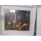 Colin Vincent, oil, still life of jug with fruit, 8.5ins x 12ins