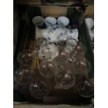 A box of sundries to include set of glasses, vase, mask etc