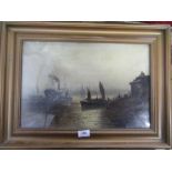 An oil on canvas, river scene with boats, 12ins x 18ins