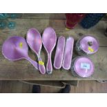 A hallmarked silver and pink enamel seven piece dressing table set, af - There is damage to the