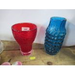 Two Whitefriars glass vases, in red and blue - Both in good condition