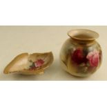 A Royal Worcester leaf dish, decorated with roses, width 4.5ins, together with a quarter lobbed