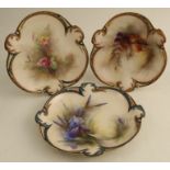 Two Hadley's Worcester shaped plates, together with a Royal Worcester plate, two decorated with