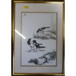 Joan B Ticer, a Chinese brush picture, together with a watercolour of Bisley a docks scene and a