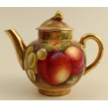 A Royal Worcester miniature teapot, decorated all round with fruit to a mossy background by E