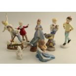 Seven Royal Worcester figures, August, Saturday's Child, Tuesday's Child boy and girl, Monday's