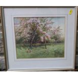 J Jackson Curnock, watercolour, trees in blossom with sheep, dated 1890, 9ins x 10.5ins