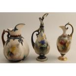 Two Hadley's Worcester and a Royal Worcester Hadley's Ware jugs, decorated with flowers to