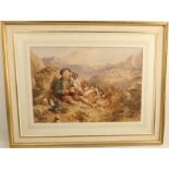 F Tayler, watercolour, shepherd boy with dogs in a mountainous landscape with sheep beyond , 13.5ins