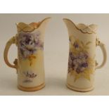 Two Royal Worcester jugs, decorated with flowers to ivory ground, one with blush ivory to rim,