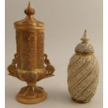 Two Graingers Worcester reticulated covered vases, one in ivory the other in blush ivory, af