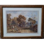 Williams Collins, watercolour, rural scene with figures and ducks, 13ins x 19ins