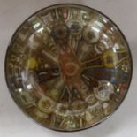 A copper glass bowl lined with an assortment of vintage cider labels.