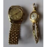 A ladies 9ct gold cased wrist watch, on expandable strap, together with a Revue gold cased wrist