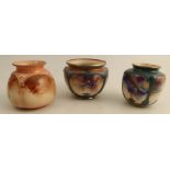 Three Hadley's Worcester quarter lobbed vases, one decorated in sepia with birds and foliage, the