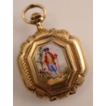 A Continental yellow gold cased fob watch, the front cover inset with an enamel plaque depicting a