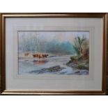 S Linden, two watercolours, cattle in a river, 9.5ins x 15ins, together with Herenger Benger,