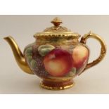 A Royal Worcester teapot, decorated all around with fruit to a mossy background by Skerrett,