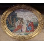 A 19th century oval tapestry and watercolour picture, of three religious figures in landscape with a