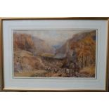 Henry Gastineau, watercolour, continental landscape with figures and goats, 12.5ins x 22ins