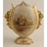 A Grainger's Worcester vase, decorated with a view of Worcester Cathedral, to a pierced ivory