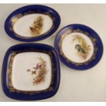 Three Royal Worcester dishes, one square, one oval and one round, all decorated with a game bird