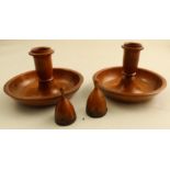 An Antique turned olive wood Brighton Bun campaign candlestick, complete with snuffers