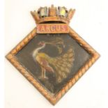 HMS Argus, a painted metal ships badge, height 19ins  - scuffed and marked right hand corner of