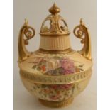 A Royal Worcester blush ivory pot pourri, with cover and inner cover, decorated with flowers,
