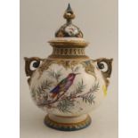 A Hadley's Worcester covered vase, decorated with a bird in foliage, height 9.25ins - minor