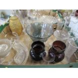 2 boxes of assorted glass to include decanters, vases, pressed glass vase decorated with fish etc