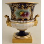 A Royal Worcester campagna shaped vase, decorated with a reserve of fruit by Chivers, with gilt