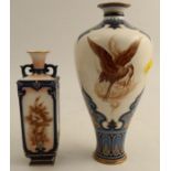 Two Hadley's Worcester vases, both decorated in sepia, one with a stork, the other of square form