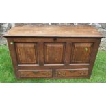 An antique oak mule chest, width 51ins, height 32ins, depth 20ins