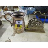 Georgian design silver plated tankard together with a brass letter rack.