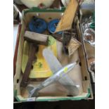 A box of sundries to include a model aeroplane, boat, and wooden hammer etc