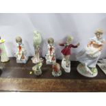 Seven Royal Worcester figures, to include two Saturday's Child, January, a Budgie, Old Country