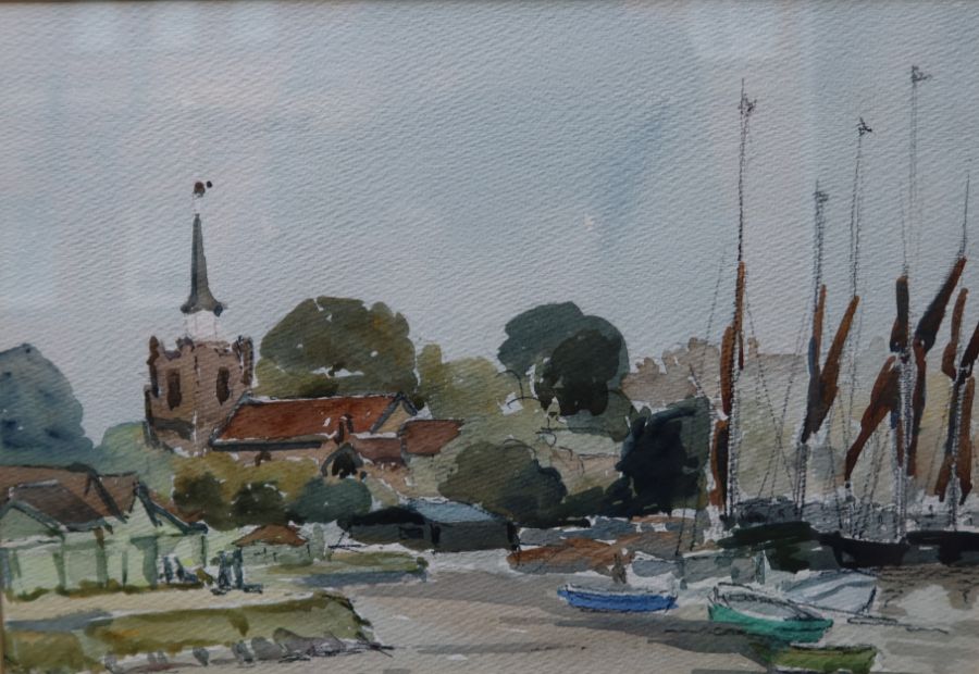 Mary Baker, watercolour and charcoal, village scene, 12ins x 17ins, together with two other - Image 6 of 7